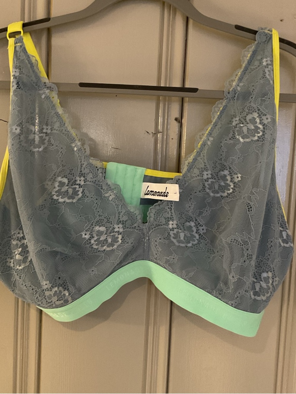 Lemonade Dolls Lace Bralette in Slate Blue, mint and yellow
